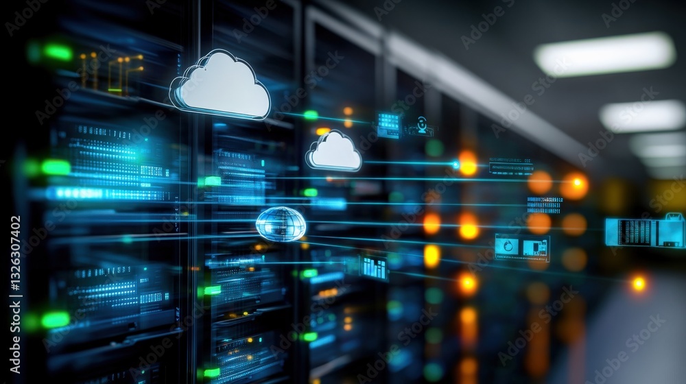 Poster cloud computing innovations data center digital technology high-tech environment futuristic perspect