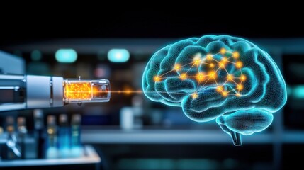 Innovative neural interface connects robotics with human cognition futuristic lab setting digital art virtual environment close-up view technology evolution