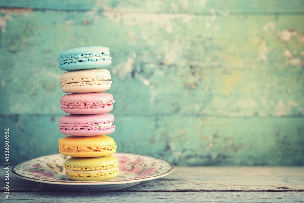 Aufkleber colorful macarons stacked on a decorative plate against a textured background in a cozy setting