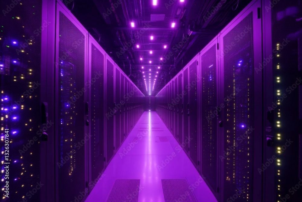Aufkleber Server room illuminated by purple lights with rows of equipment operating in a modern data center