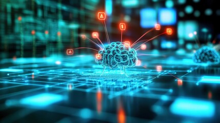 Emerging technologies showcase brain-computer interface virtual lab digital art futuristic environment close-up view innovation concept