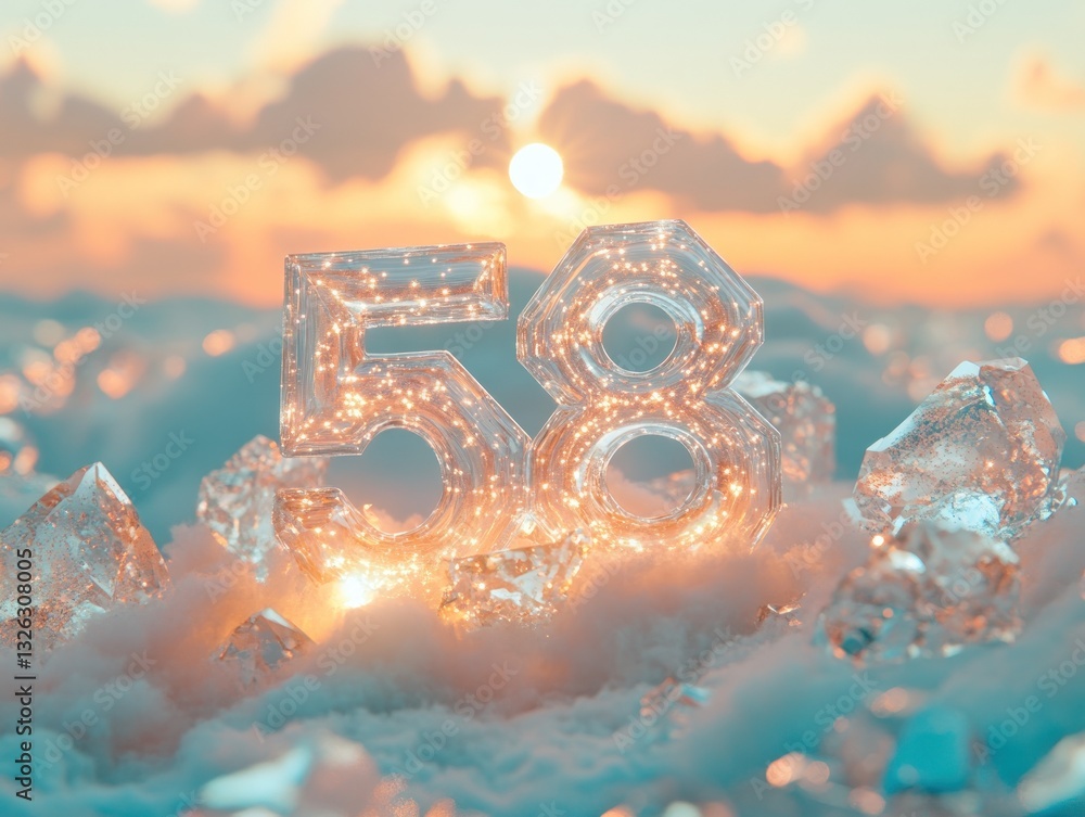 Poster sparkling crystal number floating above clouds with soft sunset illumination and textured atmosphere