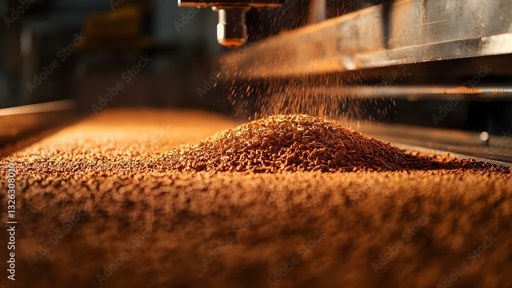 Poster a close-up of a mound of granules being processed, with particles illuminated by machinery creating 