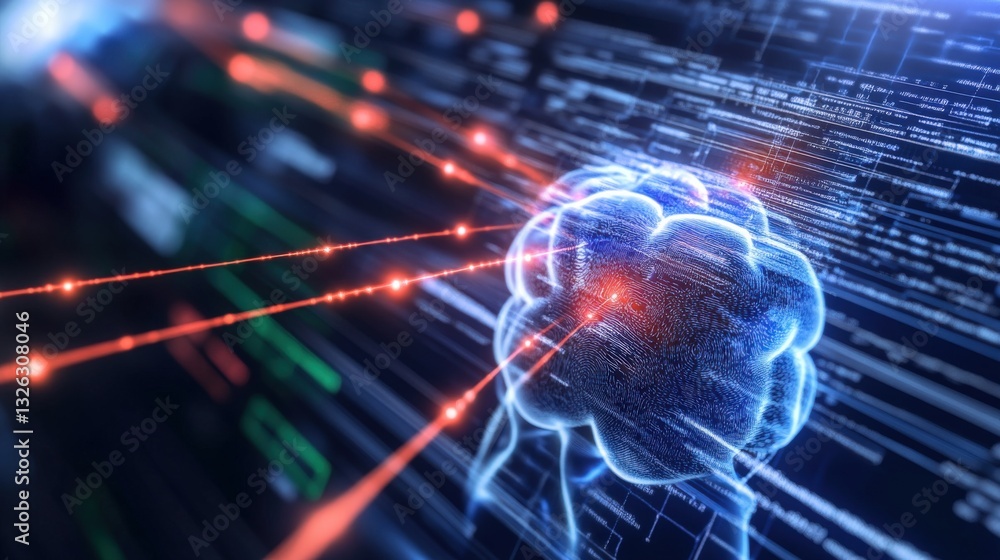 Poster illuminated brain concept digital space graphic design futuristic environment close-up view technolo