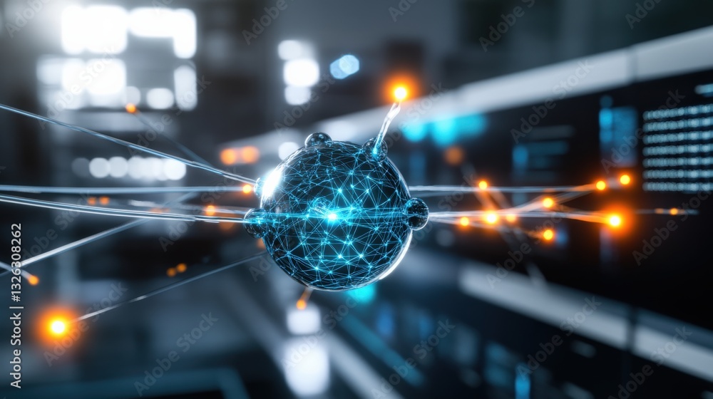Poster dynamic interaction of quantum particles digital laboratory 3d visualization futuristic setting clos