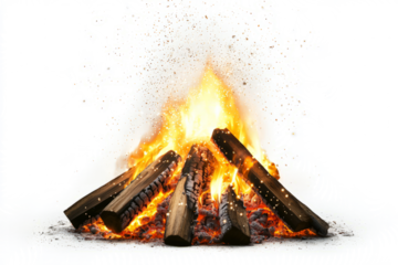 Burning fire with glowing sparkles floating around,  white background