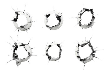 Bullet hole set with visible burn marks,  white background