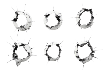 Bullet hole set with visible burn marks,  white background