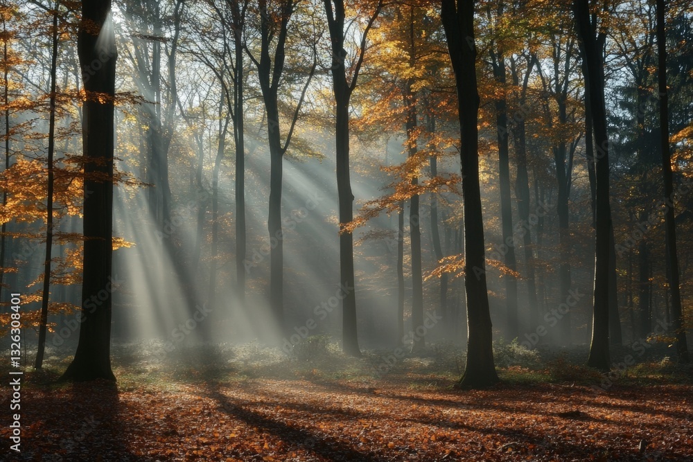Poster Sunlight filters through autumn trees in a serene forest, creating a magical atmosphere