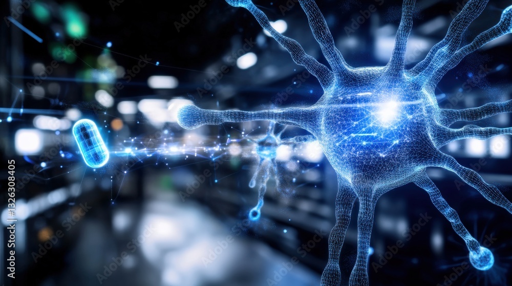 Poster dynamic neurons interacting in a high-tech laboratory science visualization digital art futuristic e