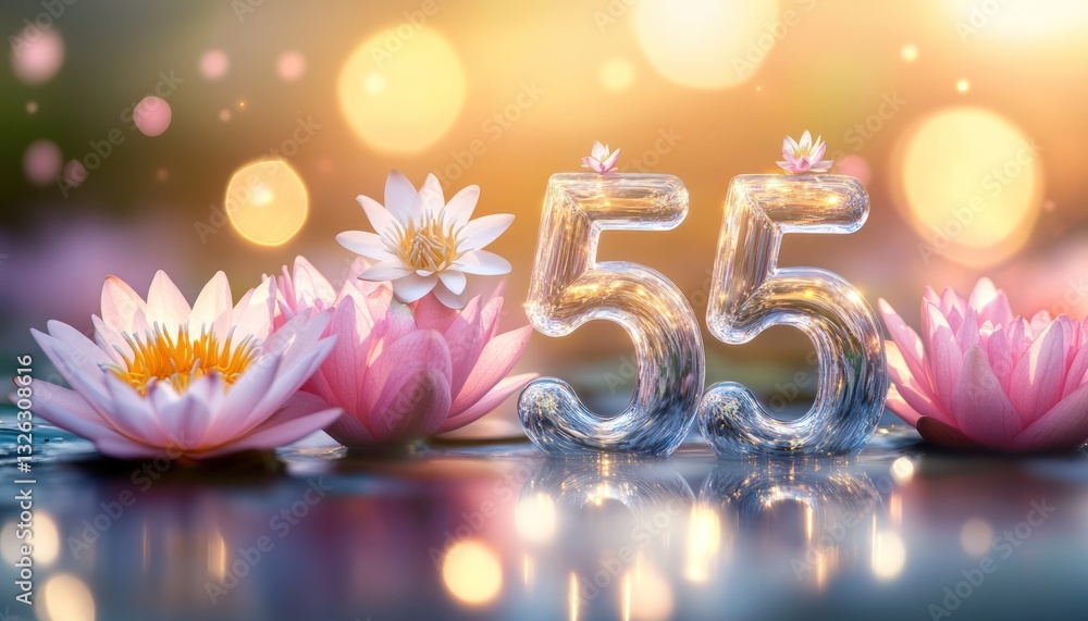 Poster digitally created image of the number 55 shimmering with lotus flowers in warm light and bokeh backg