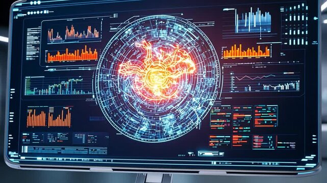 Cybernetic Analysis Interface: A close-up view of a high-tech computer screen displaying a complex, glowing cybernetic interface, complete with dynamic data visualizations, intricate patterns.