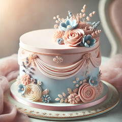 Elegant Vintage Floral Cake – Pastel Fondant Art. Elegant cake decorated with delicate fondant flowers and intricate drapery details in soft pastel hues of blush pink and sky blue.