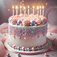 Elegant Birthday Cake with Candles and Pearlescent Decorations. A stunningly decorated birthday cake with soft pastel hues of pink, blue, and lavender. The cake is adorned with shimmering edible pearl