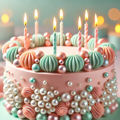 Elegant Birthday Cake with Candles and Pearlescent Decorations. A stunningly decorated birthday cake with soft pastel hues of pink, blue, and lavender. The cake is adorned with shimmering edible pearl