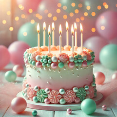 Elegant Birthday Cake with Candles and Pearlescent Decorations. A stunningly decorated birthday cake with soft pastel hues of pink, blue, and lavender. The cake is adorned with shimmering edible pearl