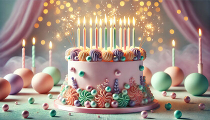 Elegant Birthday Cake with Candles and Pearlescent Decorations. A stunningly decorated birthday cake with soft pastel hues of pink, blue, and lavender. The cake is adorned with shimmering edible pearl