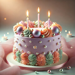 Elegant Birthday Cake with Candles and Pearlescent Decorations. A stunningly decorated birthday cake with soft pastel hues of pink, blue, and lavender. The cake is adorned with shimmering edible pearl