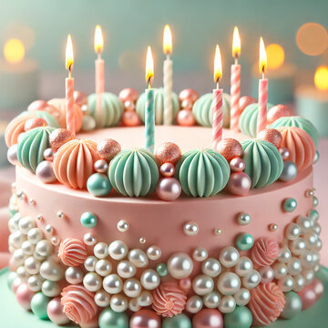 Elegant Birthday Cake with Candles and Pearlescent Decorations. A stunningly decorated birthday cake with soft pastel hues of pink, blue, and lavender. The cake is adorned with shimmering edible pearl