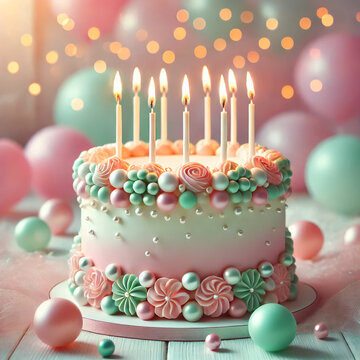 Elegant Birthday Cake with Candles and Pearlescent Decorations. A stunningly decorated birthday cake with soft pastel hues of pink, blue, and lavender. The cake is adorned with shimmering edible pearl