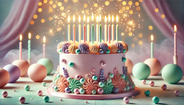 Elegant Birthday Cake with Candles and Pearlescent Decorations. A stunningly decorated birthday cake with soft pastel hues of pink, blue, and lavender. The cake is adorned with shimmering edible pearl