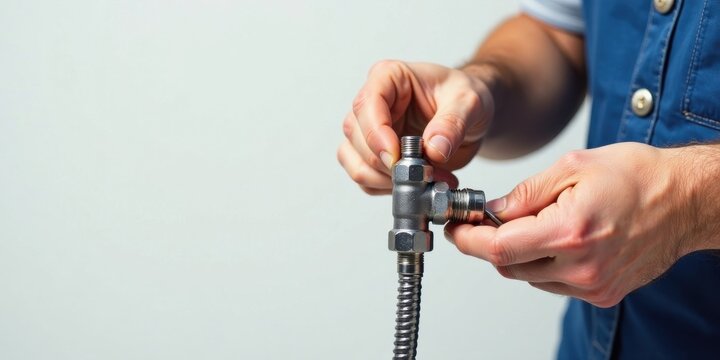 Close-up of a skilled technician meticulously connecting a metal pipe fitting, showcasing precise workmanship and attention to detail during a plumbing repair or installation