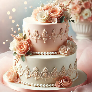 Elegant Vintage Floral Cake &ndash; Pastel Fondant Art. Elegant Vintage Floral Cake &ndash; Pastel Fondant Art. Elegant cake decorated with delicate fondant flowers and intricate drapery details.