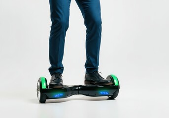 Professional businessman balancing on electric scooter, navigating sleek corporate workspace with cutting edge personal mobility technology