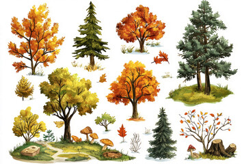 deciduous forest elements, including autumn trees, fallen leaves, and meandering rivers