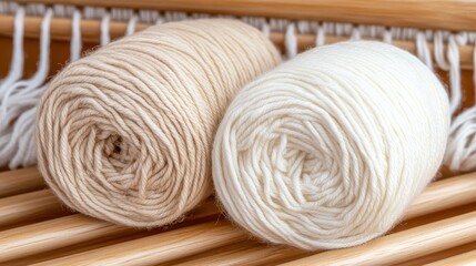 Soft yarn rolls in neutral colors positioned on a wooden loom during a crafting session at a cozy workspace