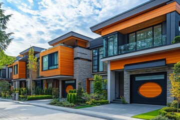 Modern residential houses showcasing contemporary architecture and vibrant landscaping in a suburban neighborhood