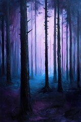 This captivating acrylic creation captures a deep pine forest at dusk, where dark blue and green hues blend seamlessly with touches of purple