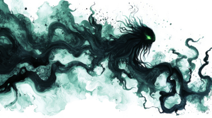 Dark ethereal eldritch magic with shadowy tendrils and eerie green glowing mist, isolated on white