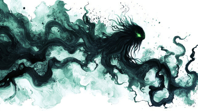 Dark ethereal eldritch magic with shadowy tendrils and eerie green glowing mist, isolated on white