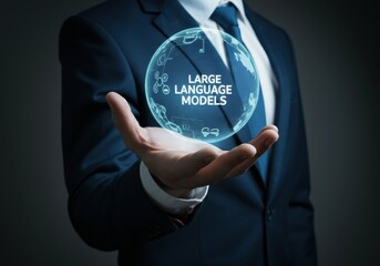 Sophisticated businessman displaying complex AI hologram text Large Language Models, symbolizing cutting edge AI technology and digital innovation