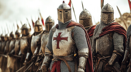 Knights in armor on horseback prepare for a crusade against a fortress in a historic battle. Header banner mockup with copy space.