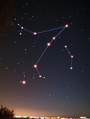 Stargazing night with constellation, sparkling cityscape at dusk horizon
