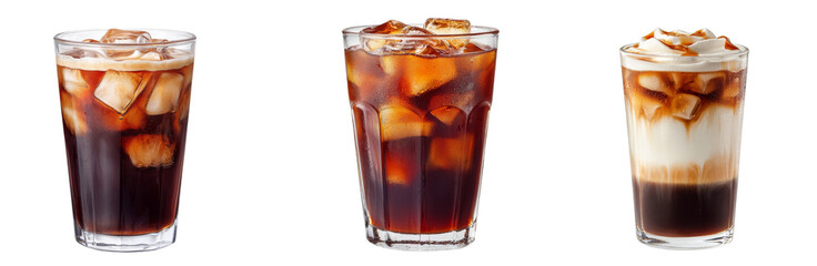 Refreshing iced coffee drinks in clear glasses with ice cubes