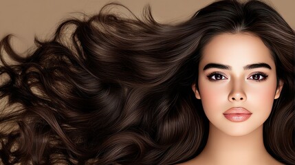 Fototapeta premium Beautiful model showcasing flowing dark hair with natural waves against a neutral background in a studio setting