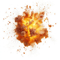 Dynamic fire explosion with flying particles spreading outward, glowing orange and yellow,on white