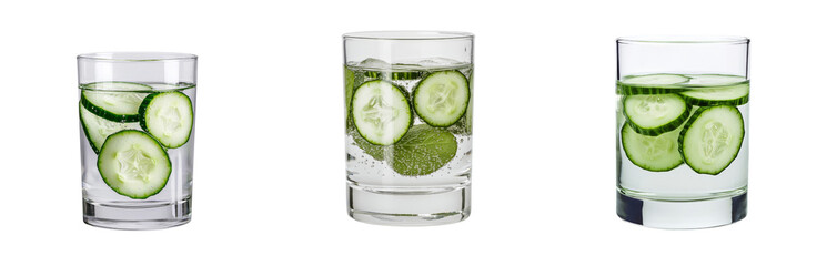 Refreshing cucumber infused drinks in clear glasses, showcasing vibrant green slices. Perfect for hydration and summer vibes