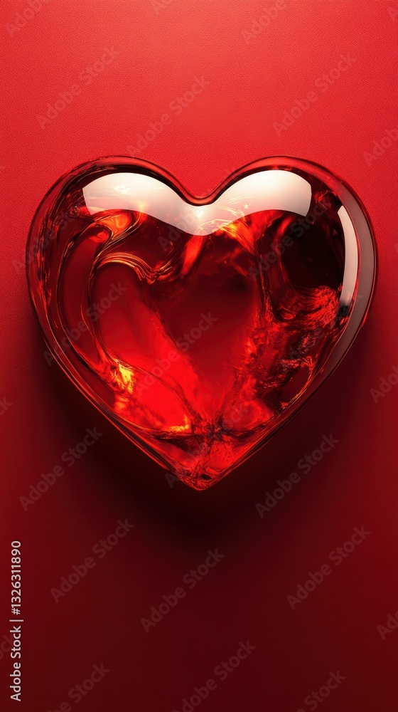 Poster heart-shaped ruby red object resting on a vibrant red background in a minimalistic setting