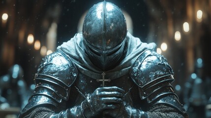 A ram-headed Christian knight in shining silver armor, kneeling in solemn prayer inside a grand cathedral
