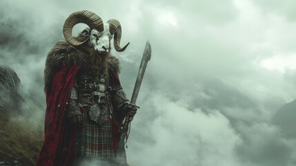 A ram-headed Scottish Highland warrior in a traditional kilt, wielding a massive claymore sword against a misty mountain background