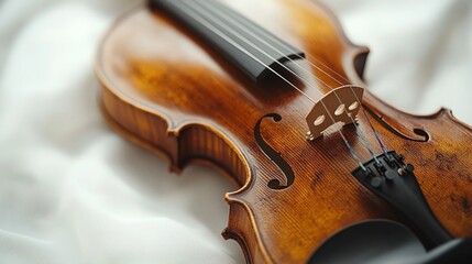 Fototapeta premium A brown violin with a black bridge sits on a white surface