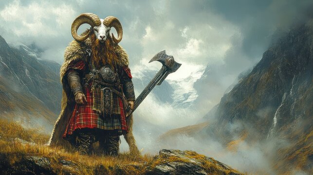 A ram-headed Scottish Highland warrior in a traditional kilt, wielding a massive claymore sword against a misty mountain background