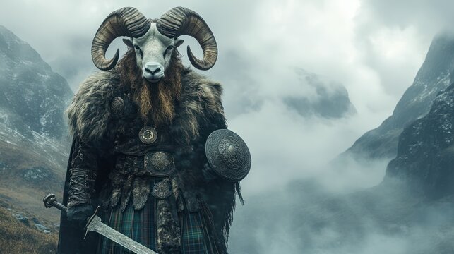 A ram-headed Scottish Highland warrior in a traditional kilt, wielding a massive claymore sword against a misty mountain background