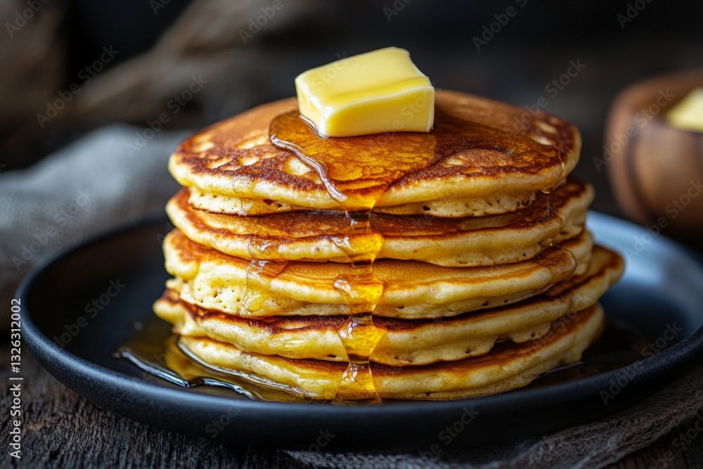 Poster fluffy pancakes topped with melting butter and syrup served on a dark wooden table