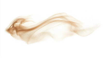Ethereal sand cloud forming a swirling motion, soft and light, on a white background