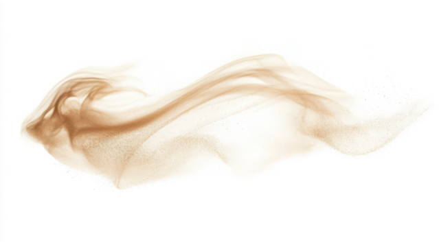 Ethereal sand cloud forming a swirling motion, soft and light, on a white background